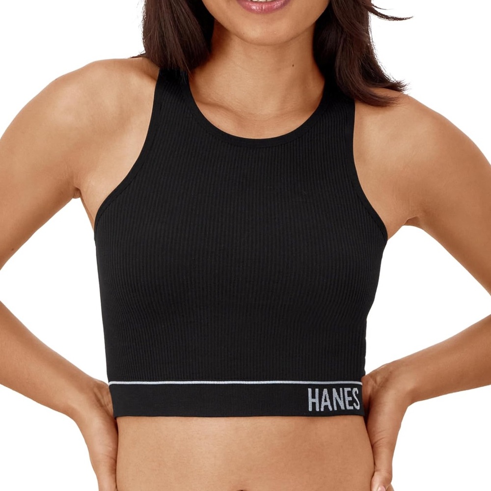 NWT Hanes Women's Originals Rib Crop Pullover Bralette Size Large Black w White